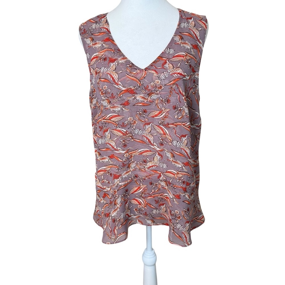 CAbi Good Luck Blouse Ribbon Crane V Neck Sleeveless Bird Print Womens‎ Medium M